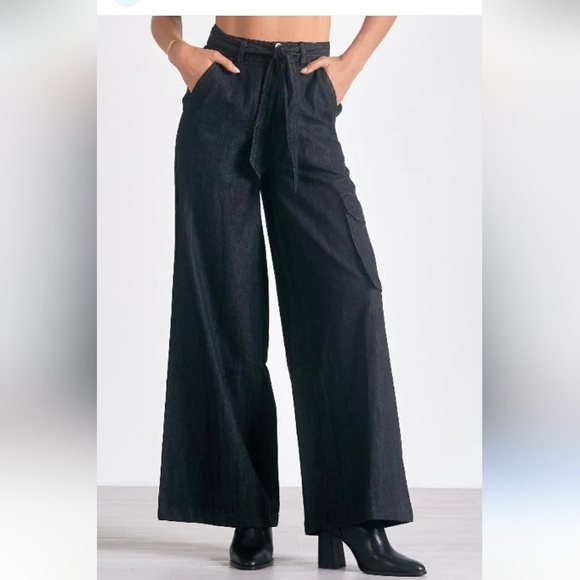 Elan 100% Cotton HR Wide Leg Cargo Preppy Office Business Casual Black Pants S - Picture 1 of 8